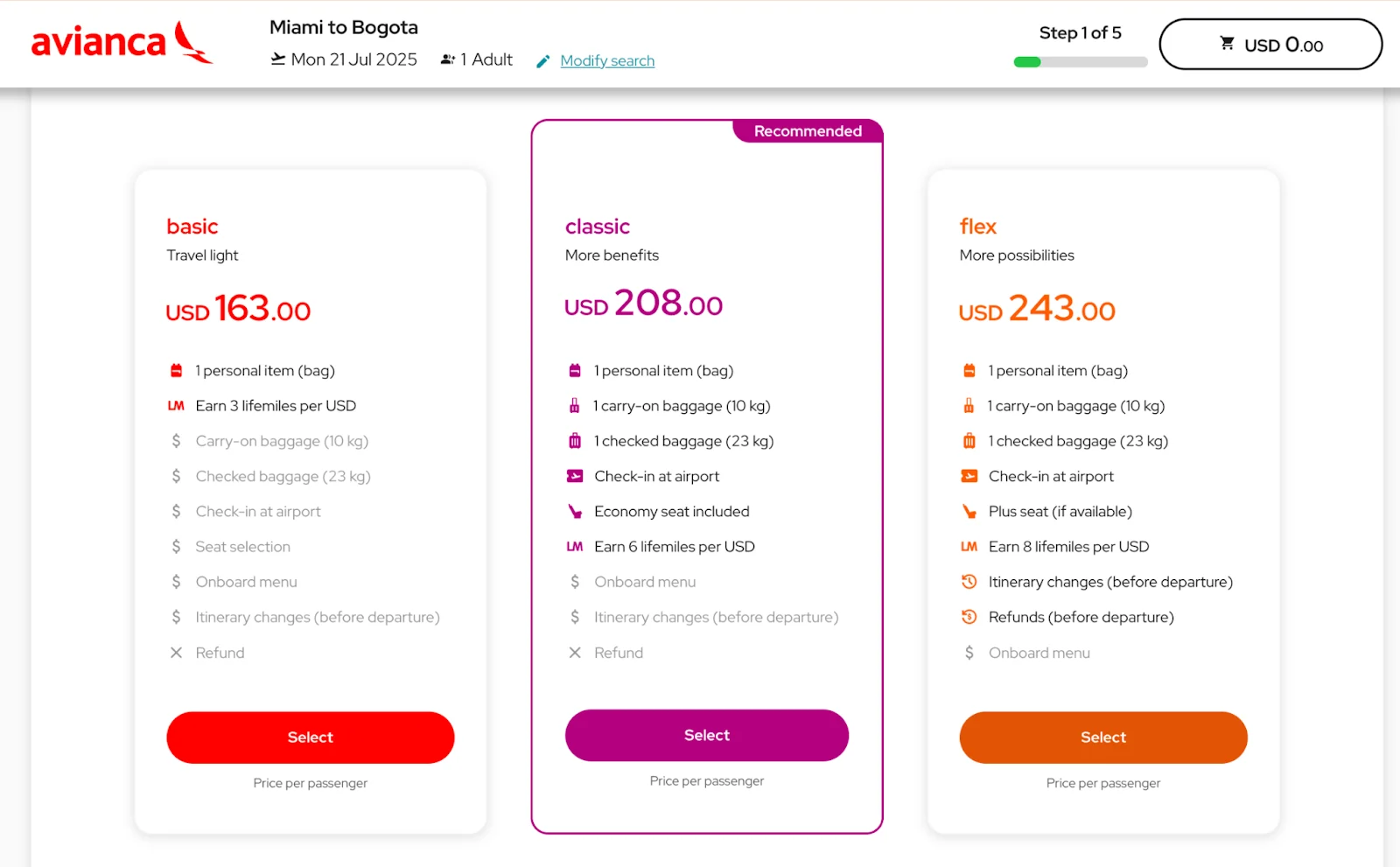 Screenshot of Avianca fare options for a Miami to Bogota flight, comparing Basic, Classic, and Flex fares priced from $163 to $243
