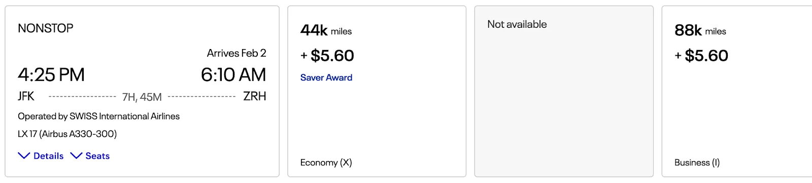Flight detail card for a JFK to Zurich flight operated by SWISS, priced at 44,000 miles in Economy or 88,000 miles in Business