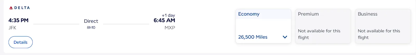 Delta flight search result showing a nonstop JFK to Milan flight priced at 26,500 miles in Economy