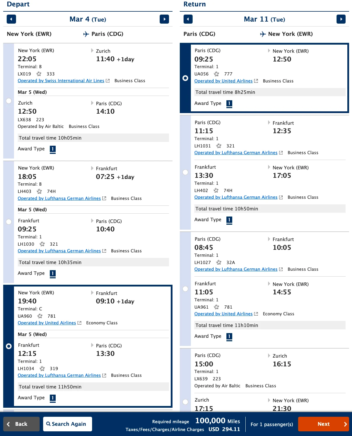 Screenshot of an ANA Mileage Club award booking for a multi-city business class itinerary between New York and Paris routed through Zurich and Frankfurt on Swiss, Lufthansa, and United for 100,000 miles.