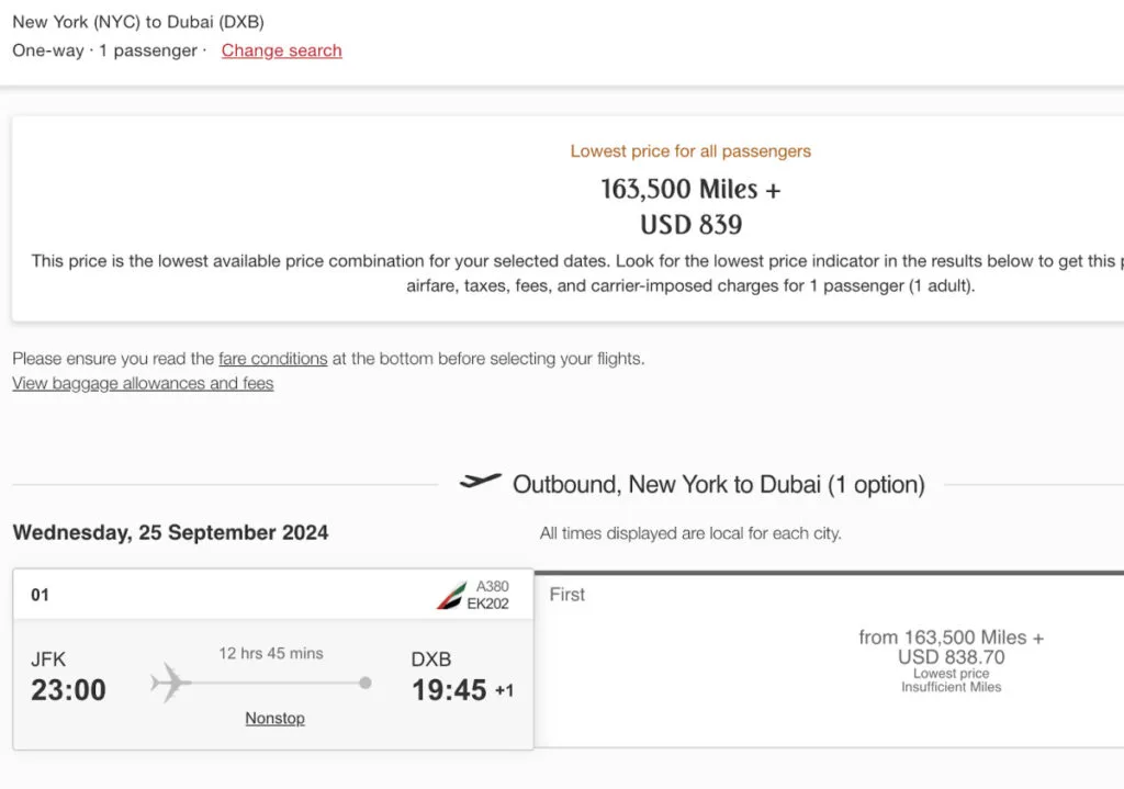 Screenshot of an Emirates award booking summary for a New York to Dubai flight on an A380, priced at 163,500 miles plus $839