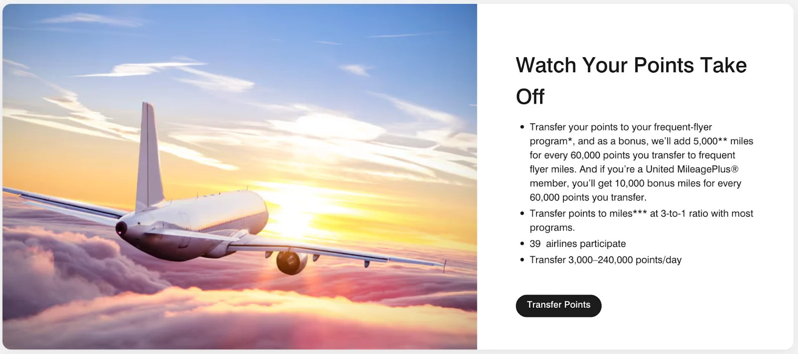 Promotional graphic of an airplane flying above sunset clouds advertising bonus miles for transferring points to frequent flyer programs