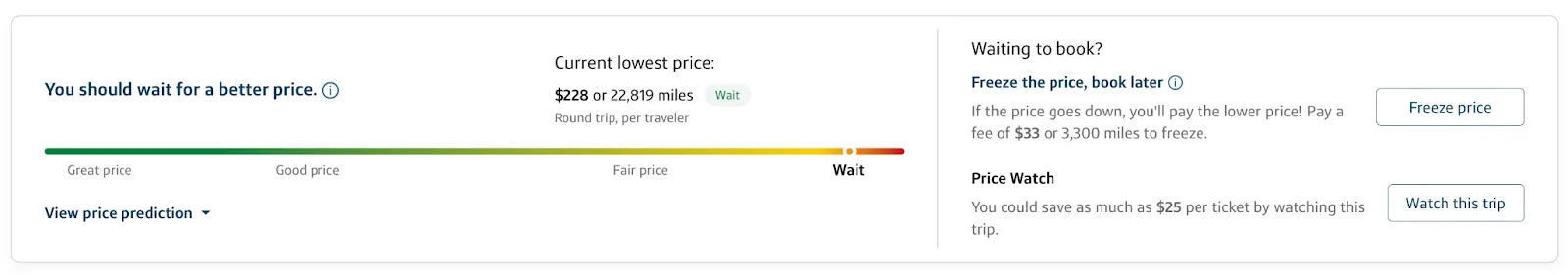 Screenshot of a Capital One Travel price prediction tool advising to wait for a better price, showing a current fare of $228 or 22,819 miles
