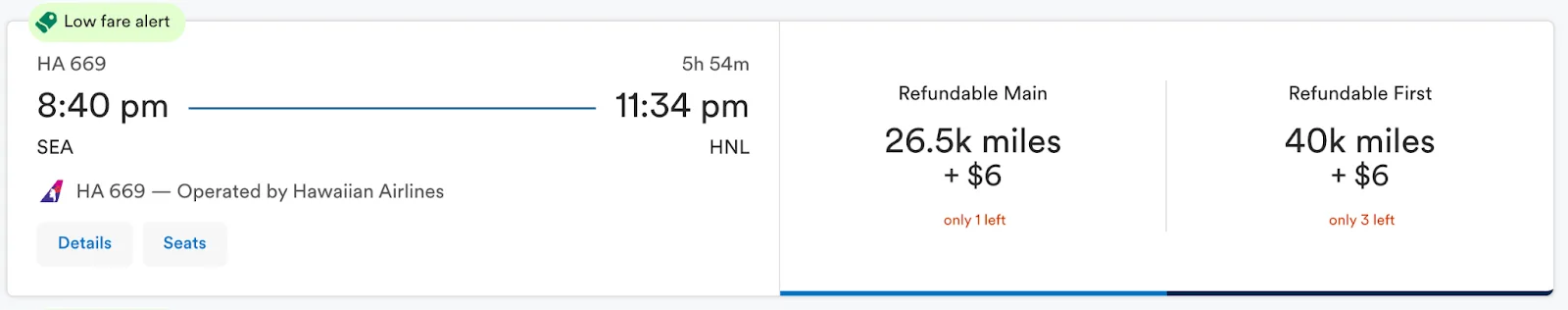 Screenshot of a Hawaiian Airlines flight search showing a Seattle to Honolulu flight priced at 26,500 miles in Main or 40,000 miles in First Class.