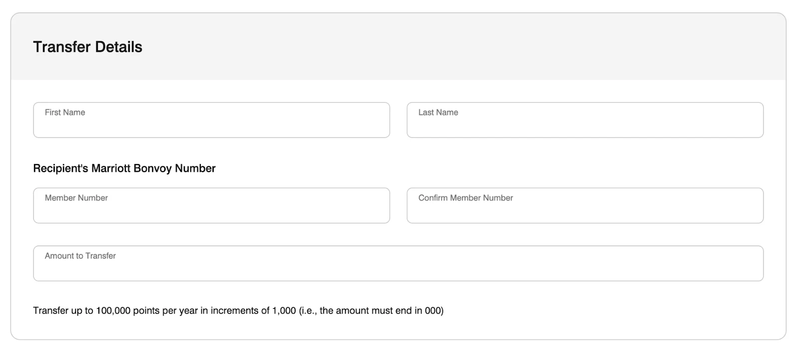 Screenshot of the Marriott Bonvoy points transfer form for sending points to another member, with fields for recipient name and account number