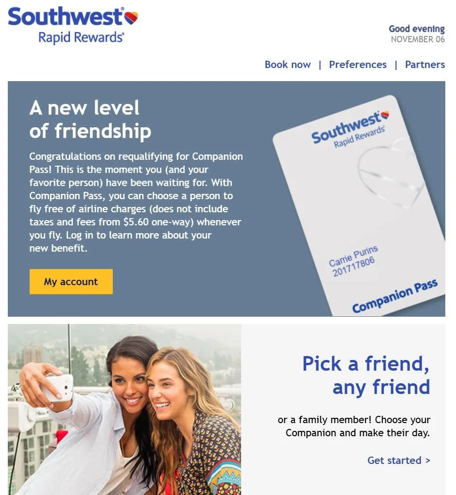 Screenshot of a Southwest Rapid Rewards email announcing Companion Pass requalification, with a Companion Pass card graphic