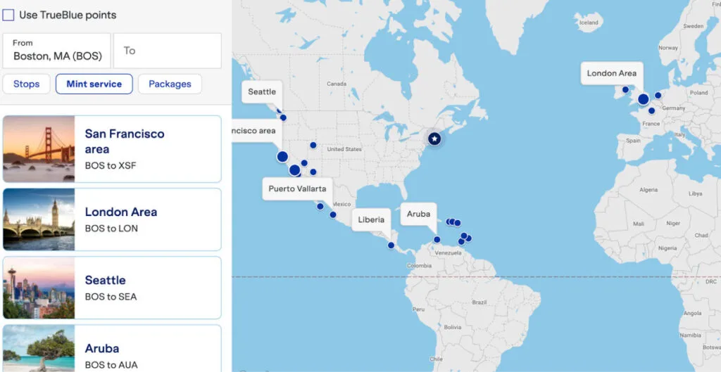 JetBlue Mint route map and destination list showing Mint service routes from Boston, including San Francisco, London, Seattle, and Aruba
