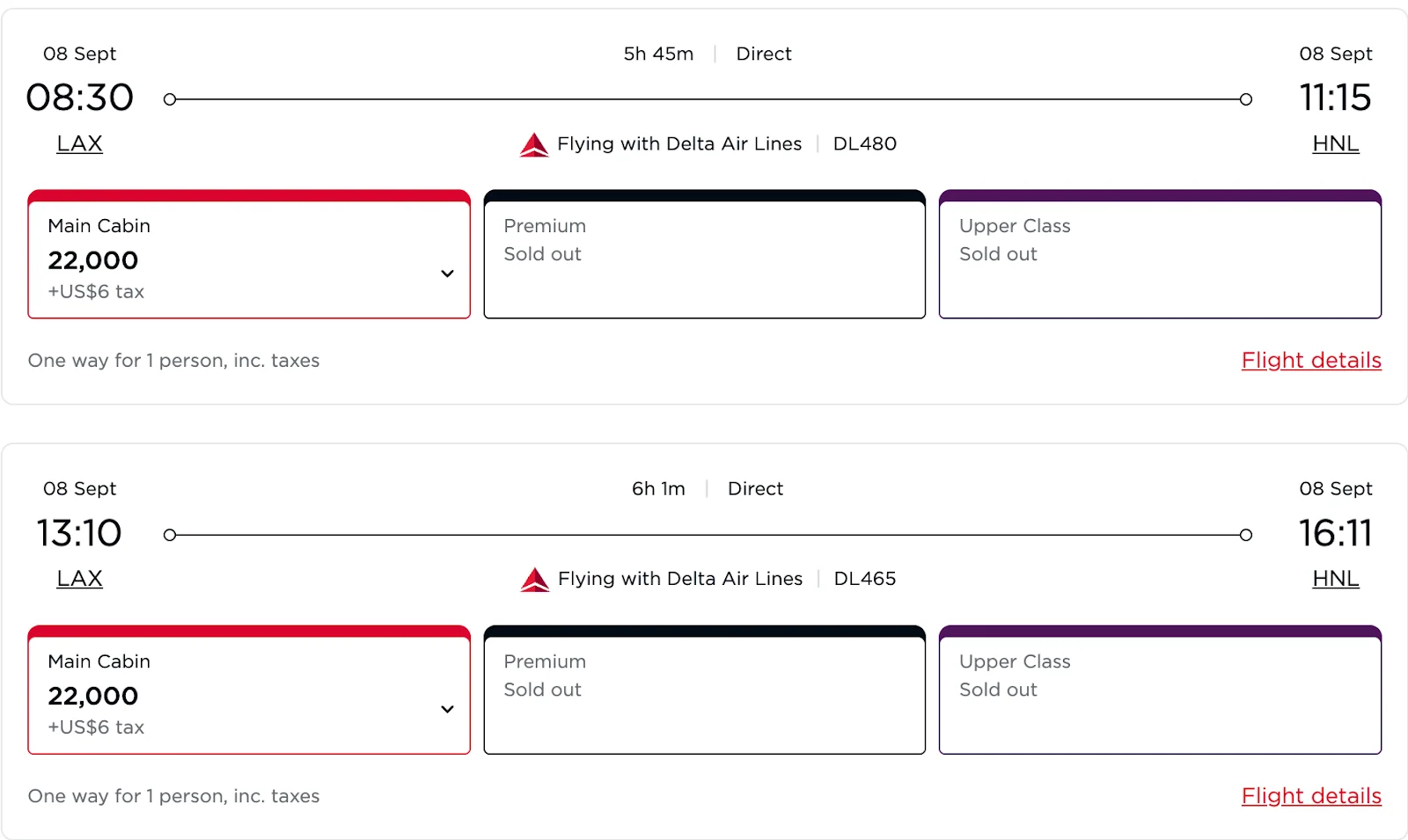 Screenshot of Delta Air Lines award search results for two nonstop Los Angeles to Honolulu flights, each priced at 22,000 miles in Main Cabin with Premium and Upper Class sold out.