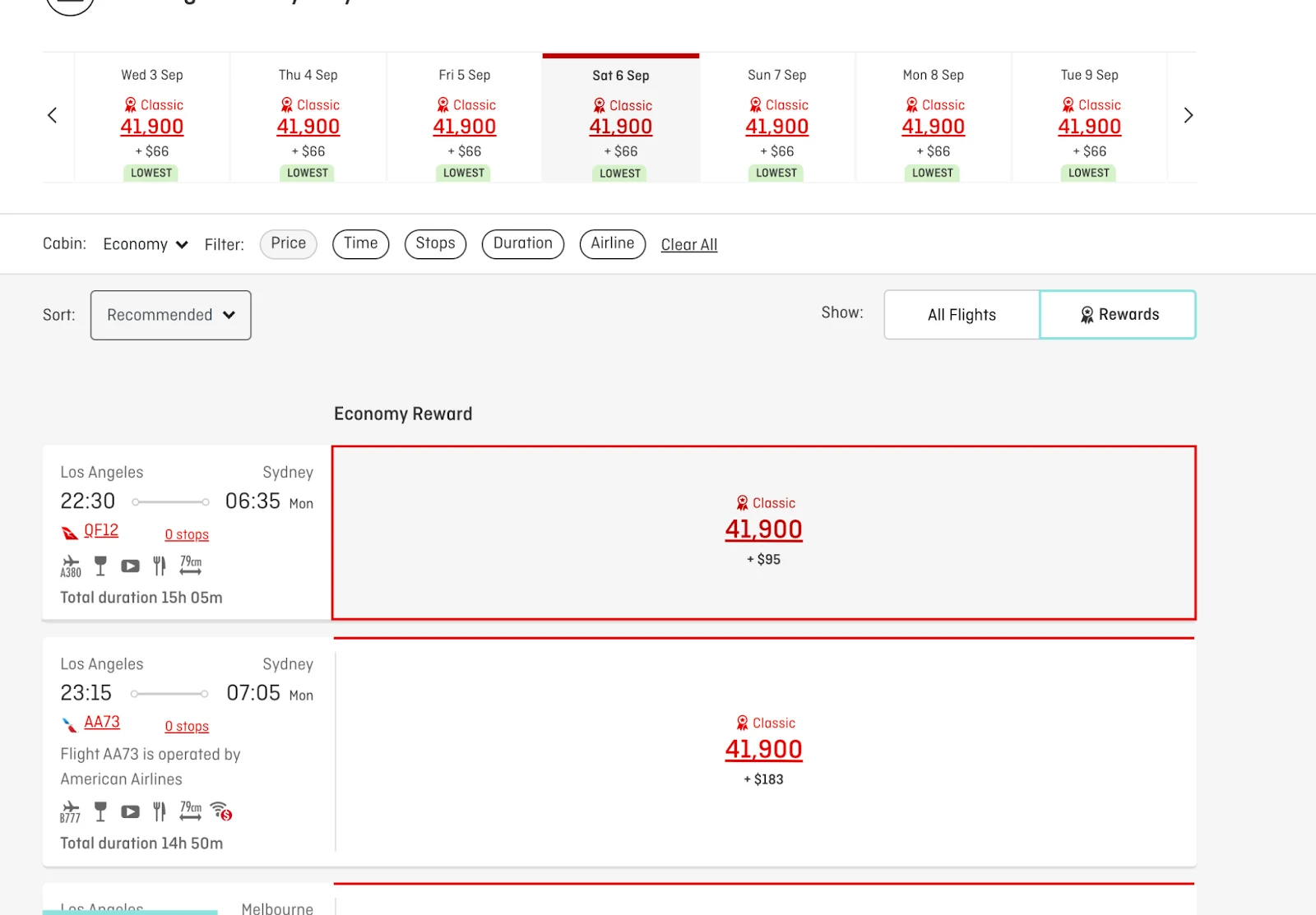 Screenshot of a Qantas award search from Los Angeles to Sydney showing Economy Classic reward flights priced at 41,900 points plus fees