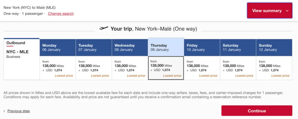 Screenshot of an award flight calendar for a New York to Malé, Maldives business class flight, priced at 138,000 miles plus $1,074 across multiple dates