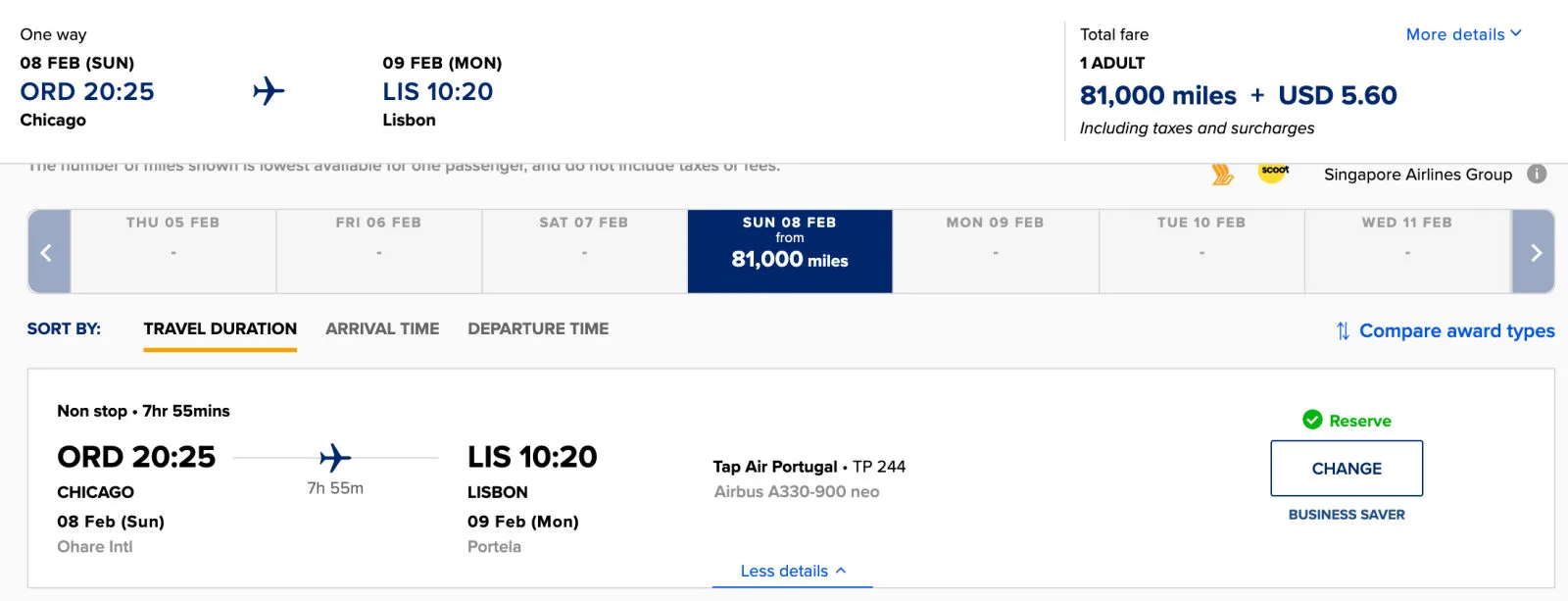 Screenshot of a Singapore Airlines KrisFlyer award search showing a TAP Air Portugal business class flight from Chicago to Lisbon for 81,000 miles.