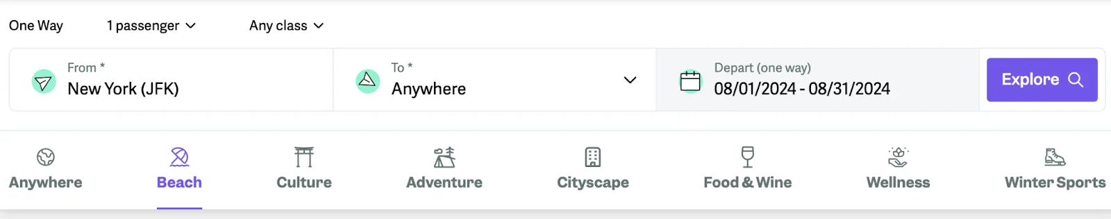 Screenshot of the point.me Explore search bar set to a one-way flight from New York with the Beach category selected.