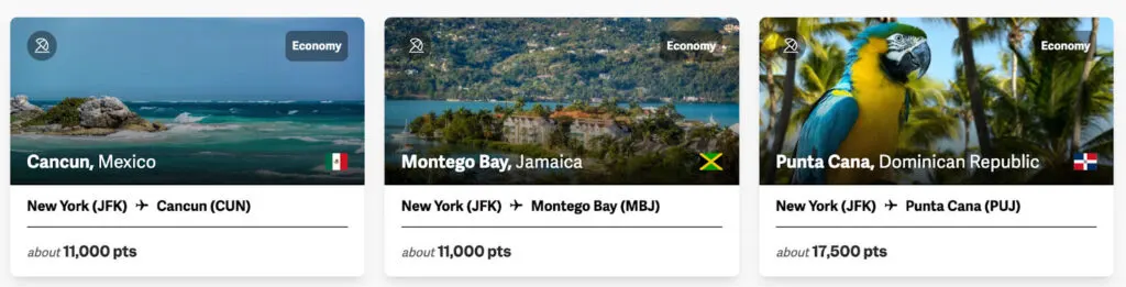 Screenshot of award flight deals from New York to Cancun, Montego Bay, and Punta Cana, each priced around 11,000 to 17,500 points in economy.