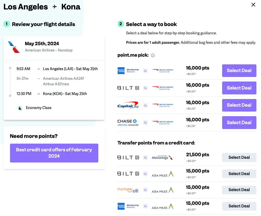 Screenshot of point.me deal options for a Los Angeles to Kona American Airlines flight, including British Airways Executive Club for 16,000 points