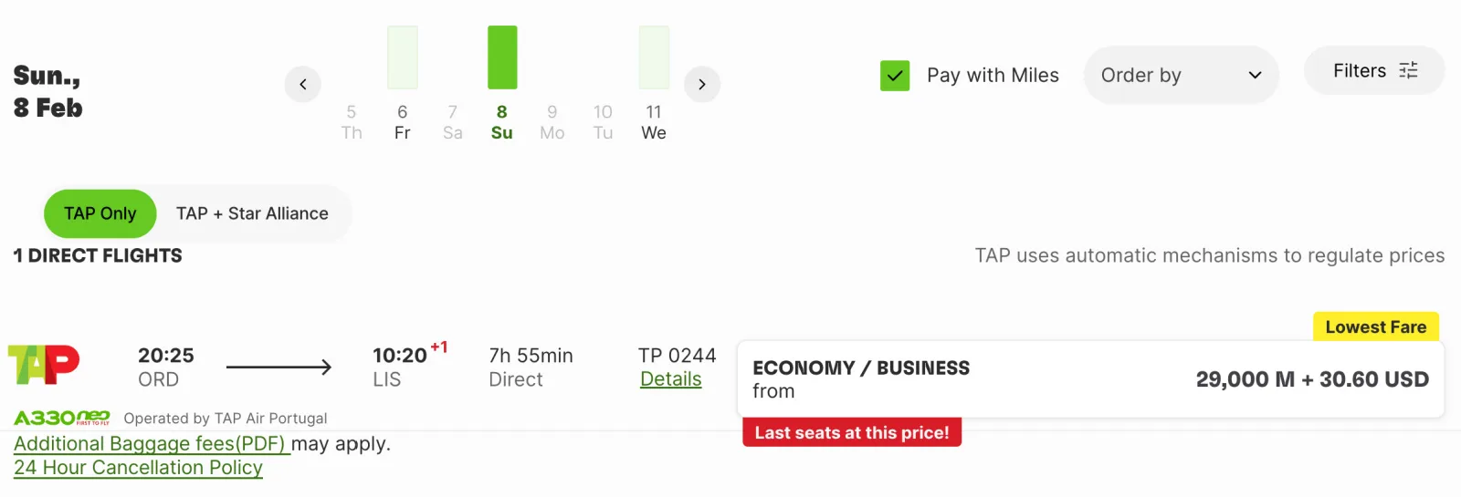 Screenshot of TAP Air Portugal Miles&Go search results showing a Chicago to Lisbon business class fare from 29,000 miles plus $30.60.