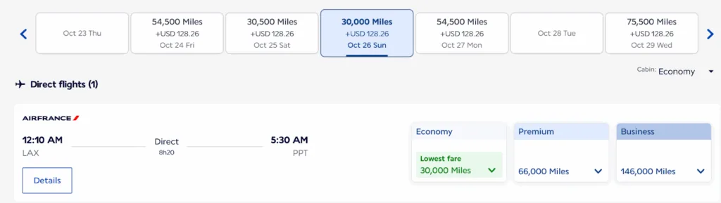 Air France award calendar for LAX to Papeete showing a direct flight priced from 30,000 miles in Economy to 146,000 miles in Business
