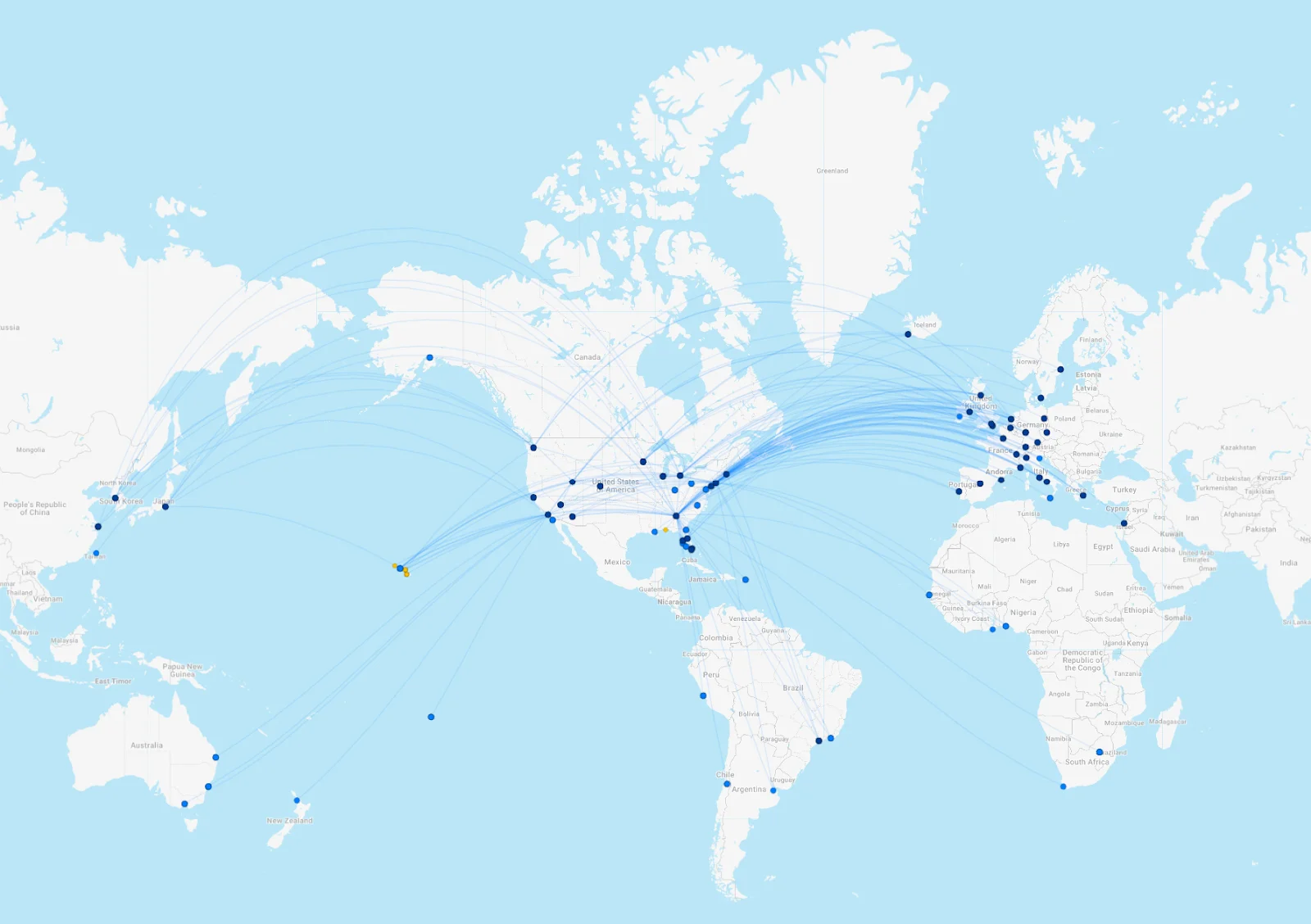 World map showing Delta's international route network, with dense connections concentrated across the North Atlantic between the US and Europe