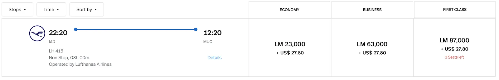 Screenshot of an Avianca LifeMiles award search for a Washington Dulles to Munich Lufthansa flight, listing economy, business, and first class prices.