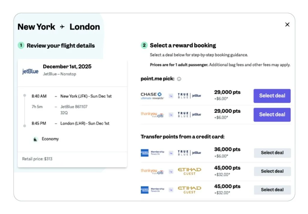 Screenshot of a point.me flight deal for a JetBlue New York to London flight, showing reward booking options from 29,000 points