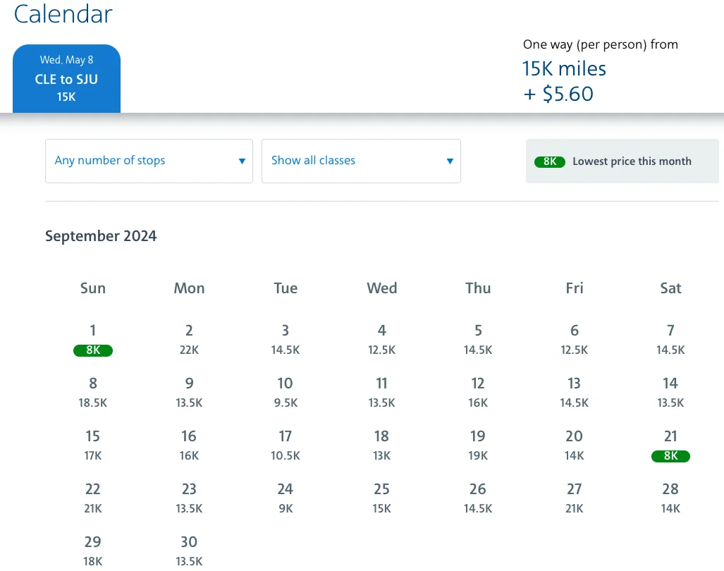 American Airlines award calendar for Cleveland to San Juan showing one-way prices from 8,000 to 22,000 miles