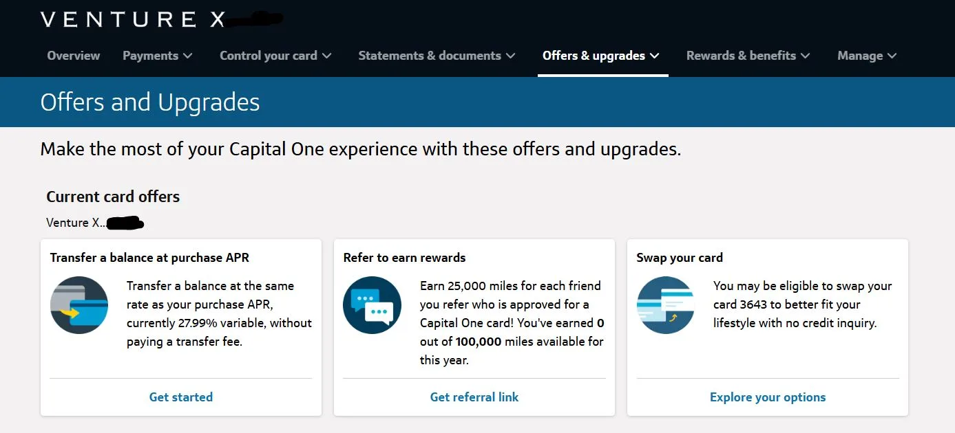 Screenshot of a Capital One Venture X account's Offers and Upgrades page, showing balance transfer, referral, and card swap options.