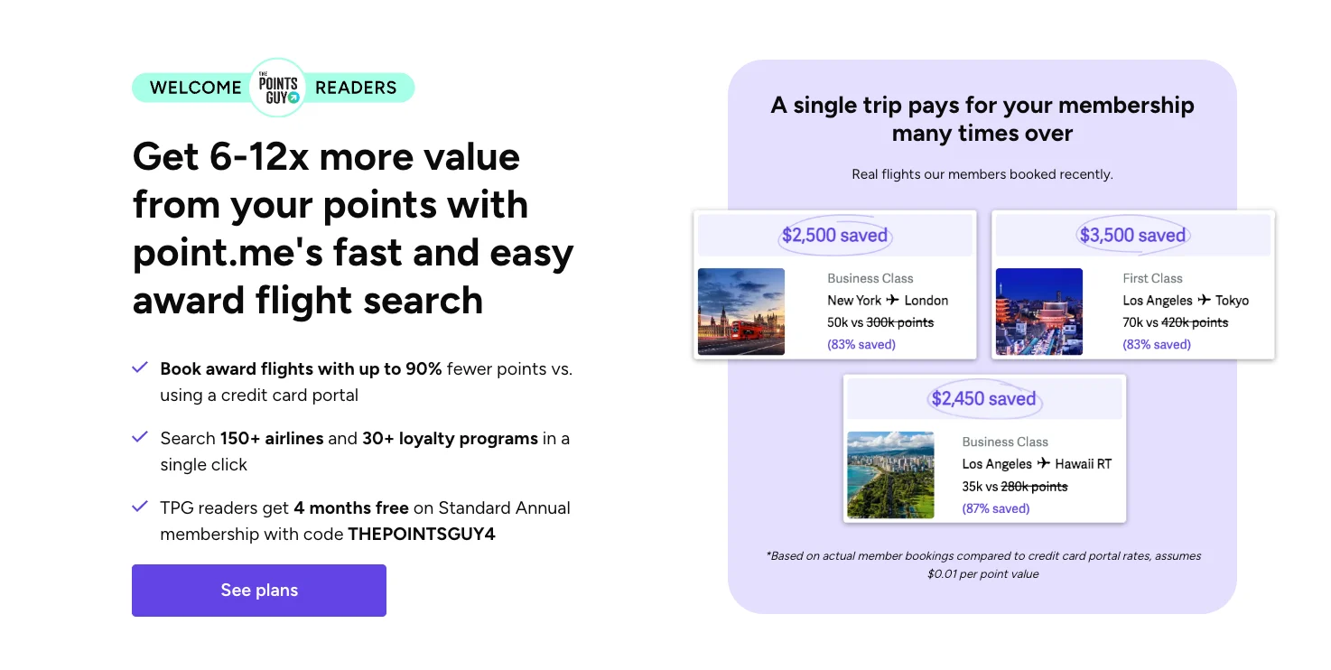 Screenshot of a point.me landing page for The Points Guy readers, showing example award bookings with savings of $2,500 to $3,500 versus cash fares.
