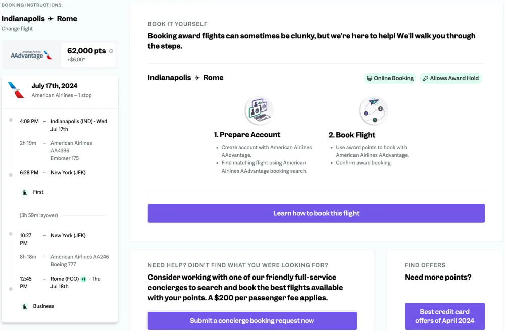 Screenshot of booking instructions for an Indianapolis to Rome award flight using American AAdvantage miles, priced at 62,000 points plus $6.