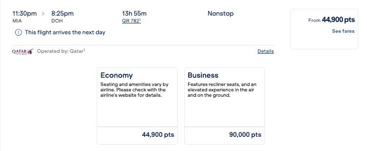 Screenshot of a JetBlue award search for a Miami to Doha flight operated by Qatar Airways, priced at 44,900 points in economy and 90,000 in business.