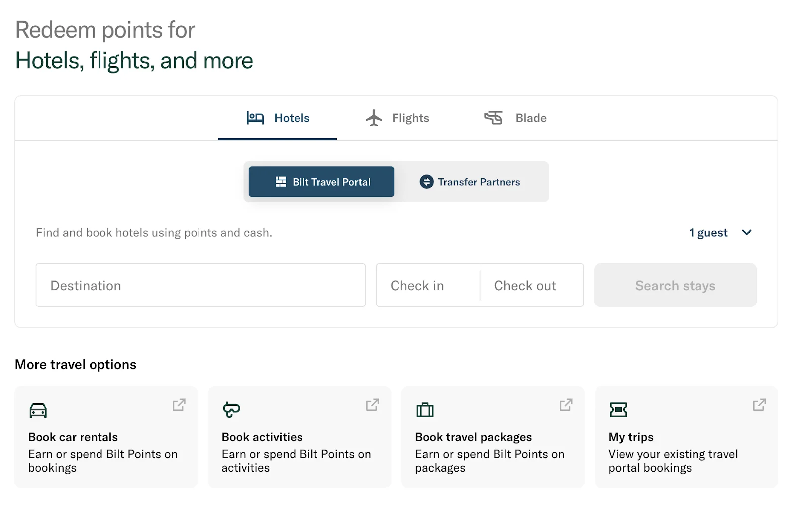 Screenshot of the Bilt Rewards travel portal showing the hotel search tab with options for flights, car rentals, and activities