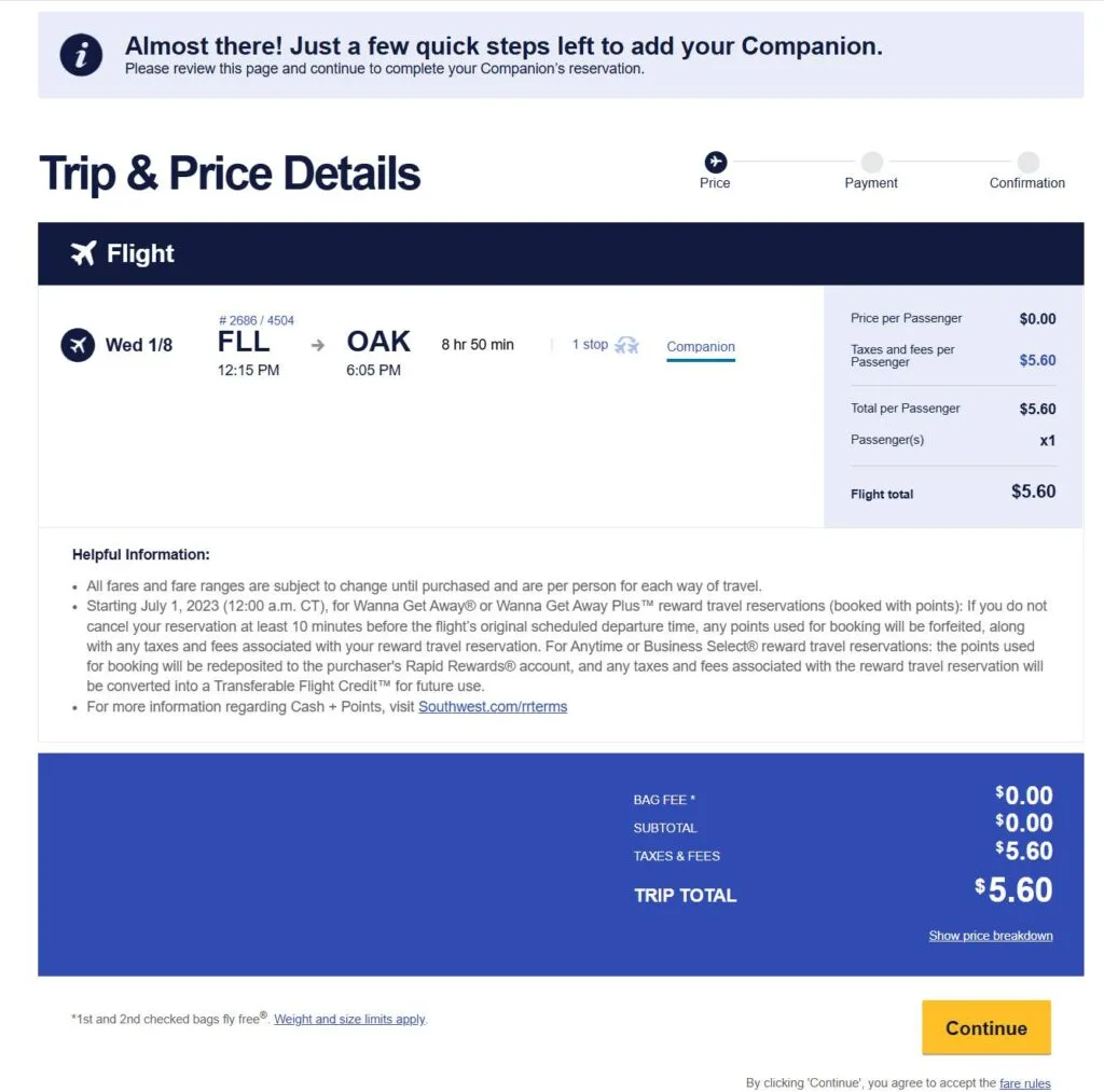 Screenshot of a Southwest booking showing a companion flight added to a reservation with a total cost of $5.60 in taxes and fees