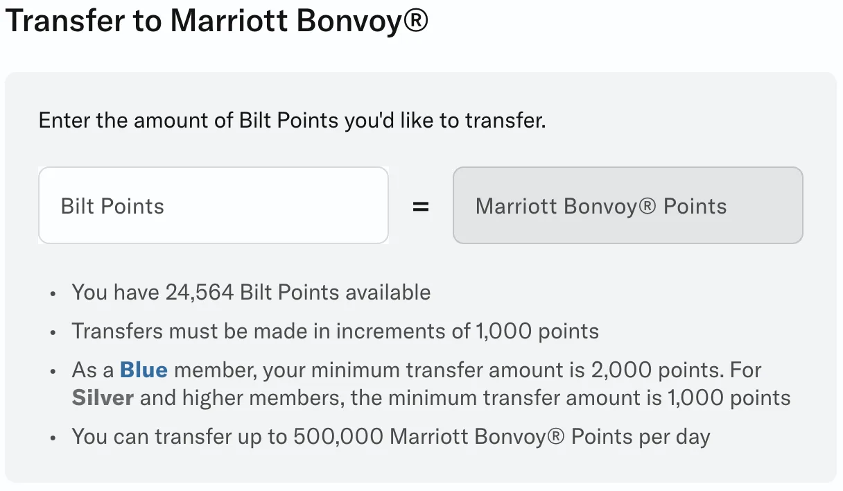 Screenshot of a Bilt Rewards points transfer screen set up to convert Bilt Points into Marriott Bonvoy points