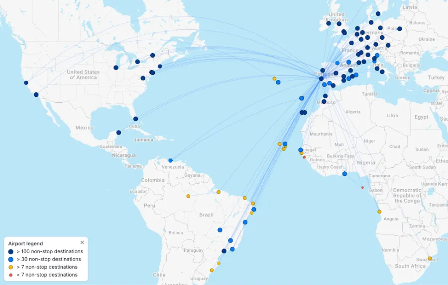 Map of TAP Air Portugal's route network radiating from Lisbon to destinations across Europe, Africa, and the Americas.