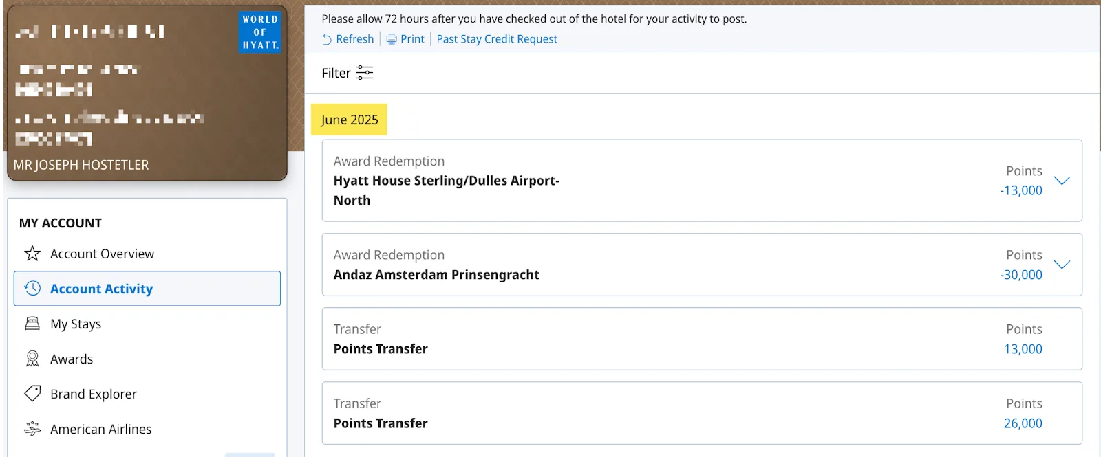 Screenshot of a World of Hyatt account's activity log showing award redemptions at Hyatt House Sterling/Dulles and Andaz Amsterdam Prinsengracht, along with two points transfers.