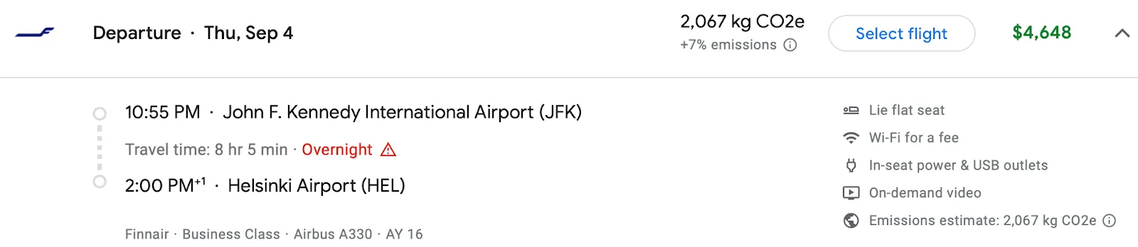 Screenshot of flight price in cash on AA from JFK to HEL