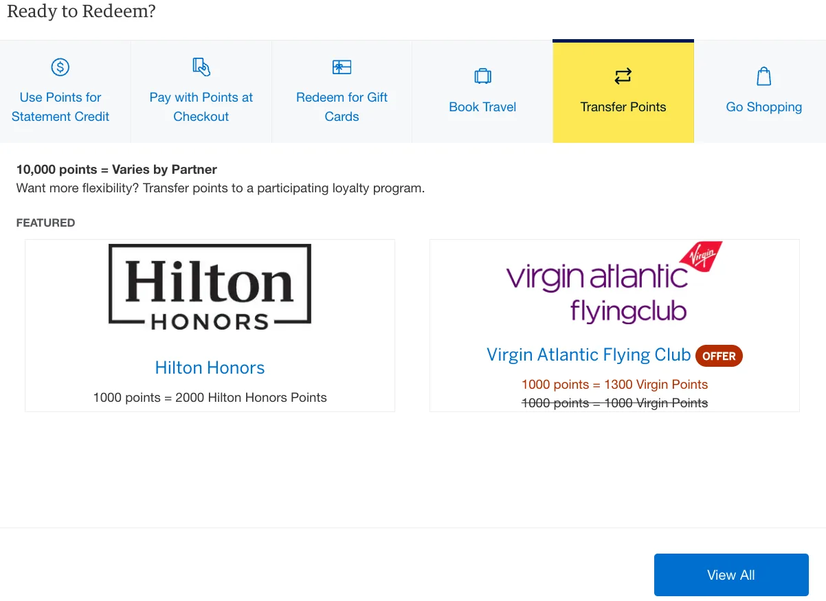American Express Membership Rewards redemption page showing Transfer Points options featuring Hilton Honors and Virgin Atlantic Flying Club