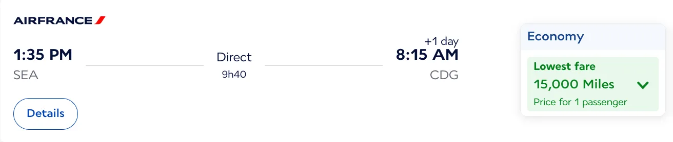 Screenshot of an Air France award search showing a Seattle to Paris flight in economy for 15,000 miles