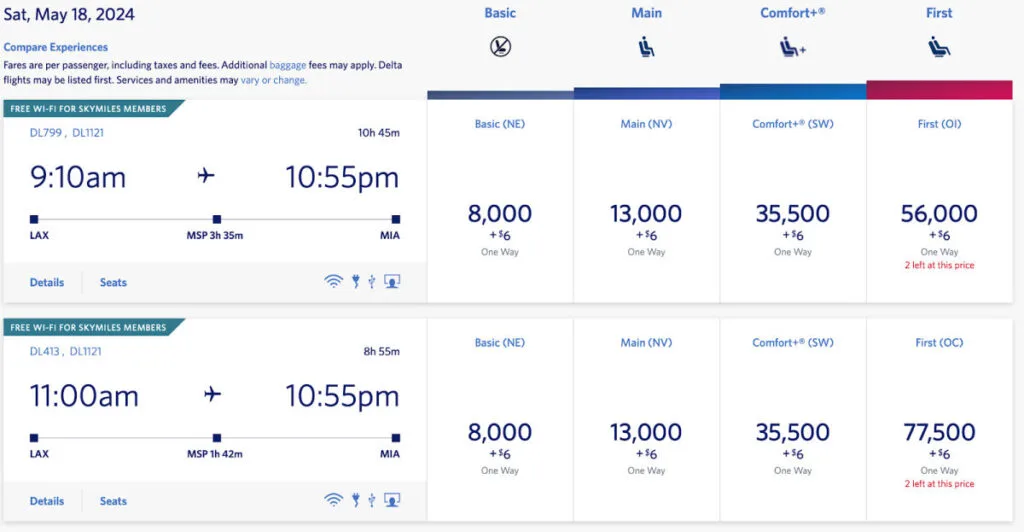 Screenshot of Delta SkyMiles award search results for a Los Angeles to Miami flight showing fares in Basic, Main, Comfort+, and First class