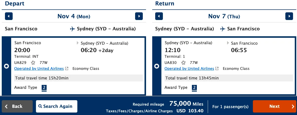 ANA award booking result showing a round-trip San Francisco to Sydney itinerary operated by United Airlines priced at 75,000 miles