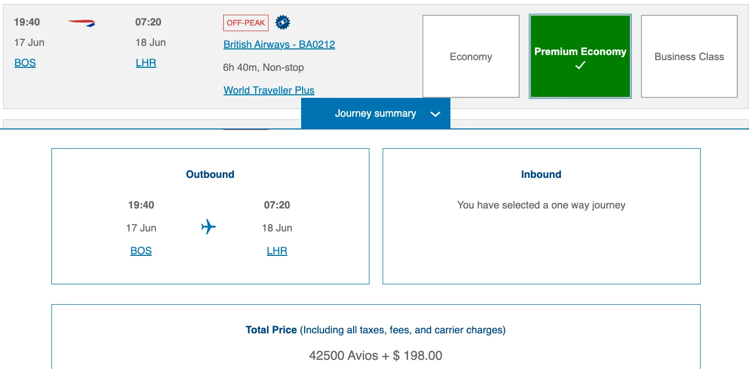 Screenshot of a British Airways booking summary for a Boston to London Premium Economy flight priced at 42,500 Avios plus $198