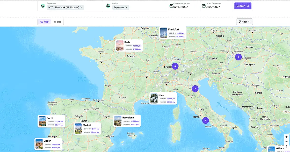 This animation shows a point.me member filtering their map results by My points and programs, then including only business-class fares up to 81,000 points.