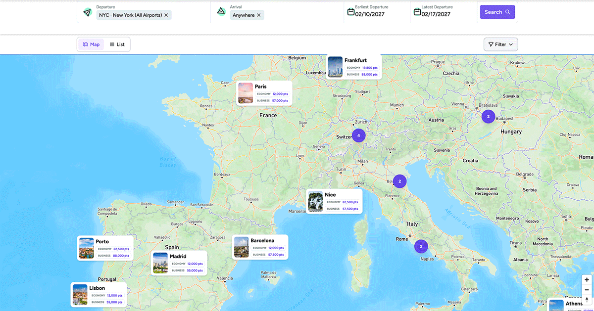 This animation shows a point.me member filtering their map results by My points and programs, then including only business-class fares up to 81,000 points.