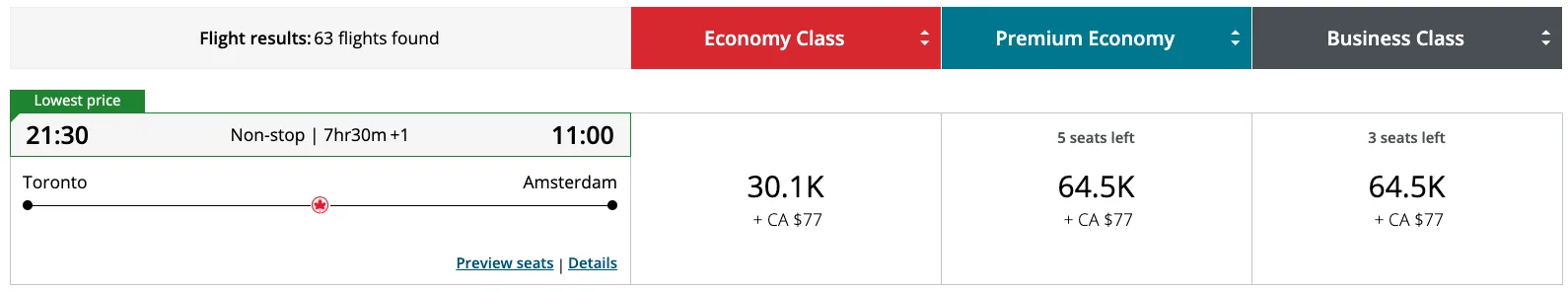 Screenshot of an Air Canada Aeroplan award search showing a Toronto to Amsterdam flight priced at 30,100 points in Economy or 64,500 points in Premium Economy and Business class.