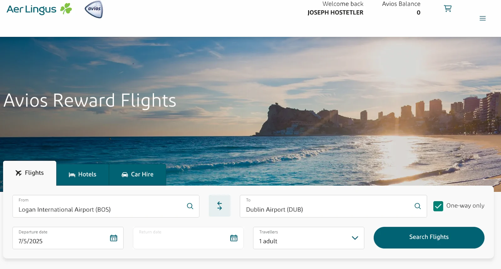 Screenshot of the Aer Lingus website's Avios Reward Flights search page for a one-way trip from Boston to Dublin.