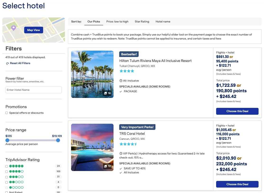 Screenshot of JetBlue Vacations hotel results for Cancun, showing all-inclusive resorts priced in dollars or TrueBlue points.