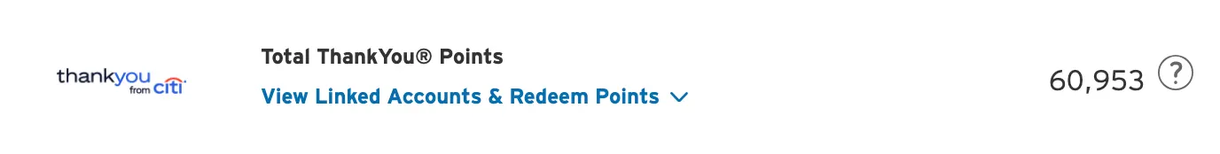 Screenshot of a Citi ThankYou Rewards account summary showing a balance of 60,953 points.
