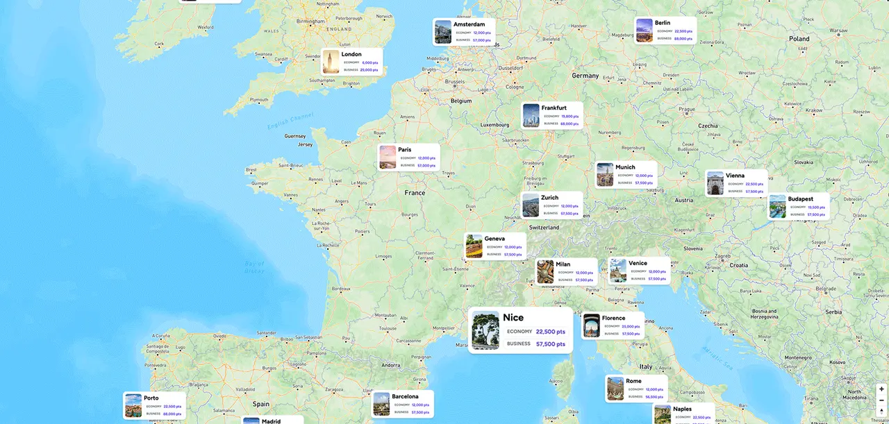point.me explore interactive map tool shows award flights from New York to anywhere in Europe, with Paris highlighted and a calendar heat map popping into view to find the best dates for deals.