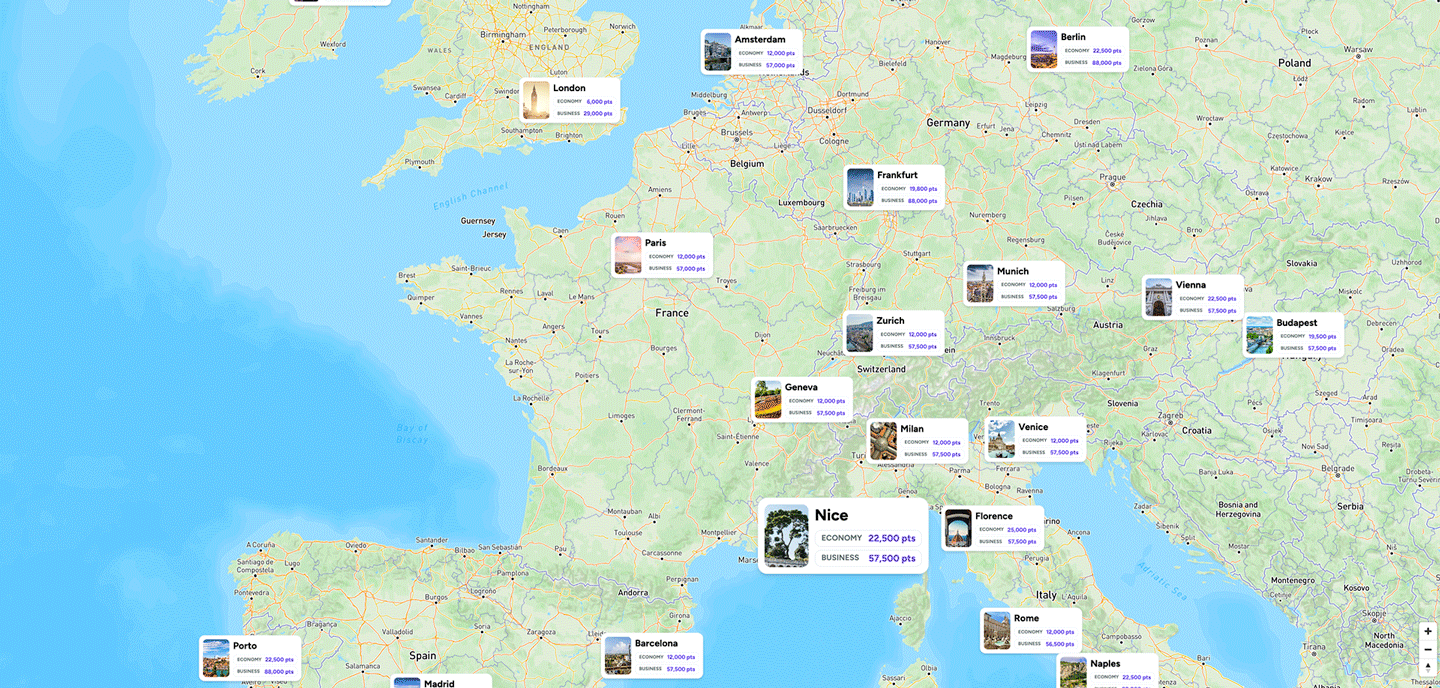 point.me explore interactive map tool shows award flights from New York to anywhere in Europe, with Paris highlighted and a calendar heat map popping into view to find the best dates for deals.