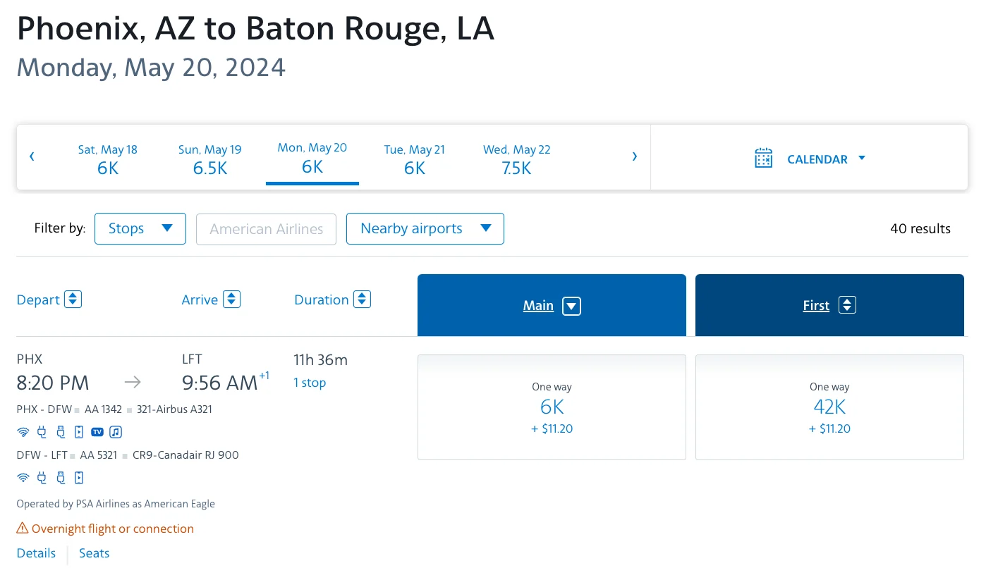 American Airlines flight search results for Phoenix to Baton Rouge showing Main and First cabin award pricing in AAdvantage miles