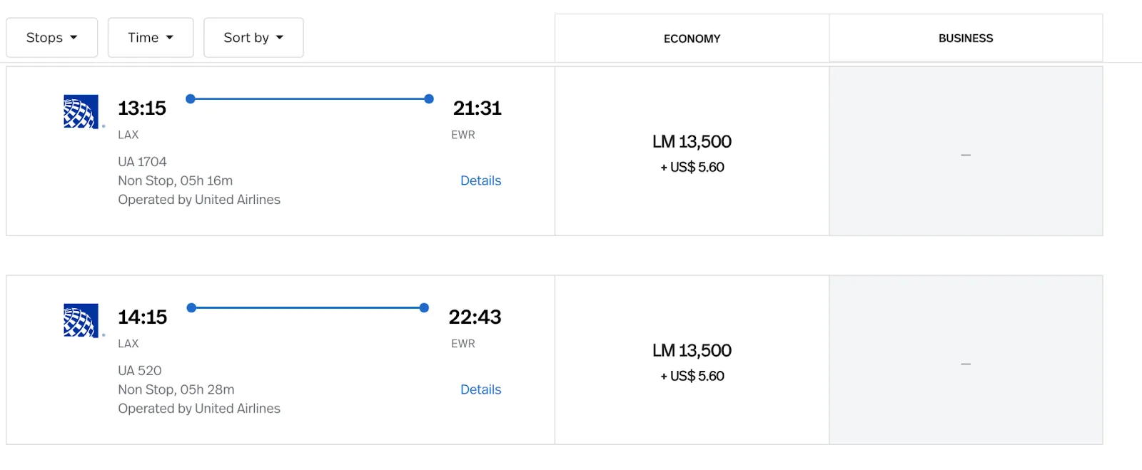 Screenshot of a United Airlines flight search from Los Angeles to Newark showing a nonstop fare priced at 13,500 LifeMiles plus $5.60