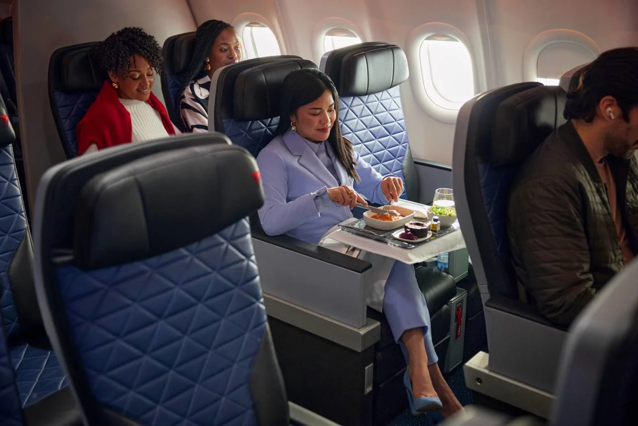 Delta Premium Select cabin seats, illustrating how to fly Delta premium economy for less.